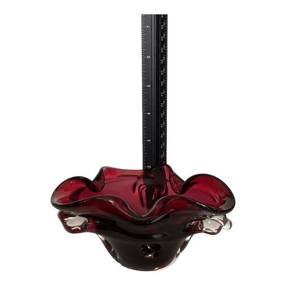 Murano Style Hand Blown Art Glass Ruffled Edge Bowl Burgundy Vintage EUC - Picture 9 of 10